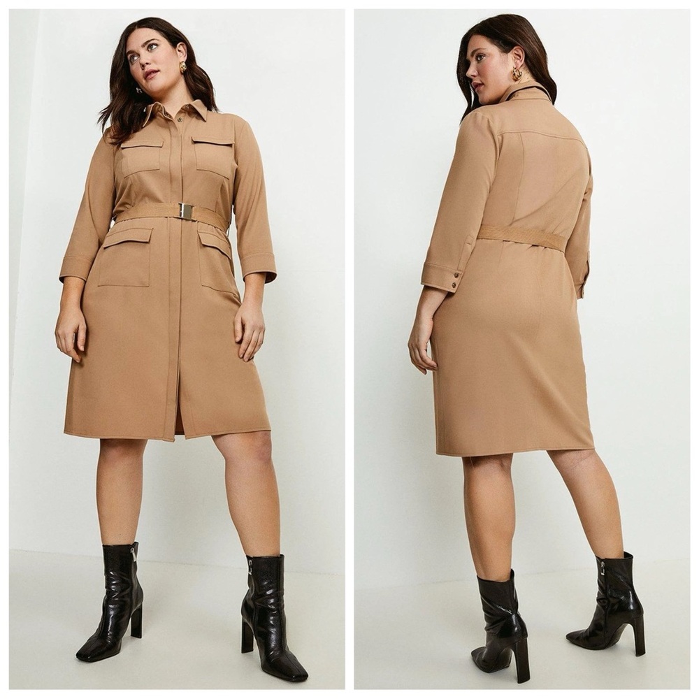 Karen Millen Clean Utility Belted Collared Shirt Career Dress Beige Tan US 8